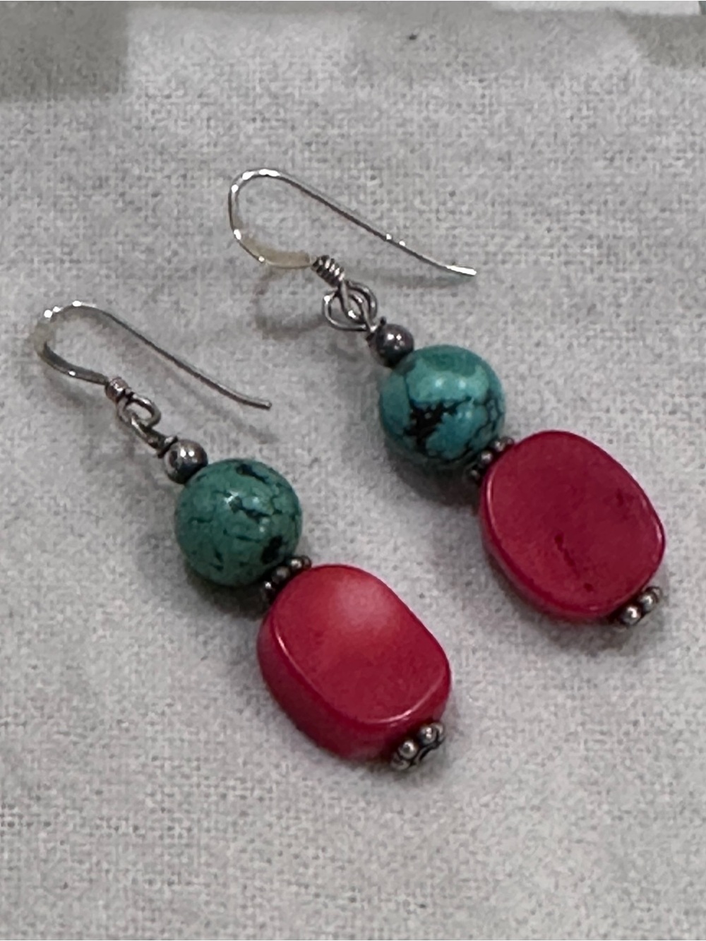 Handmade Sterling Silver Turquoise and Coral-Red Bead Drop Earrings